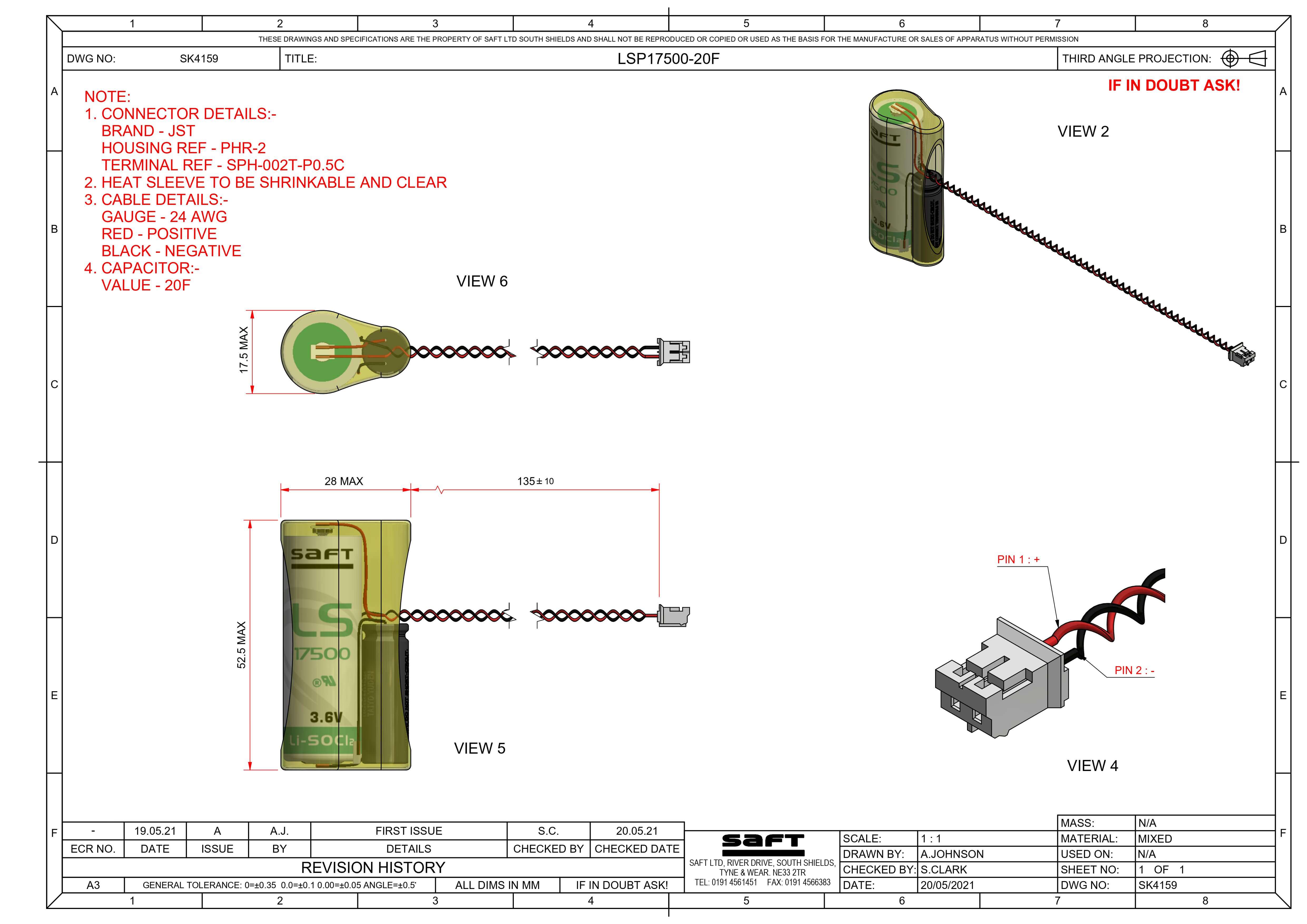 Saft LSP17500-20F Battery, 3.6V 3.6Ah Size A Hybrid Cell Li-SOCl 2